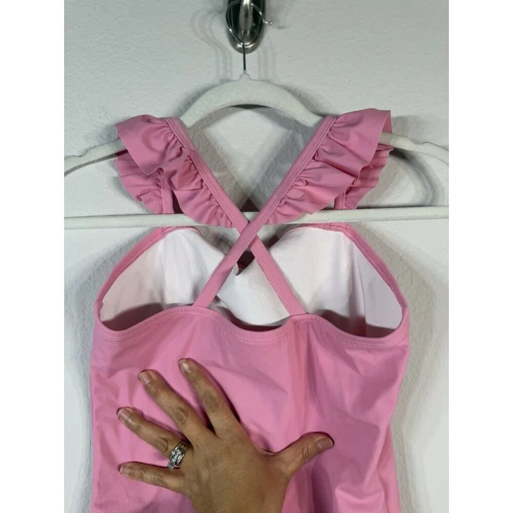 Hanna Andersson Pink 3D Tropical Bird Criss Cross One Piece Swimsuit Girls 14-16